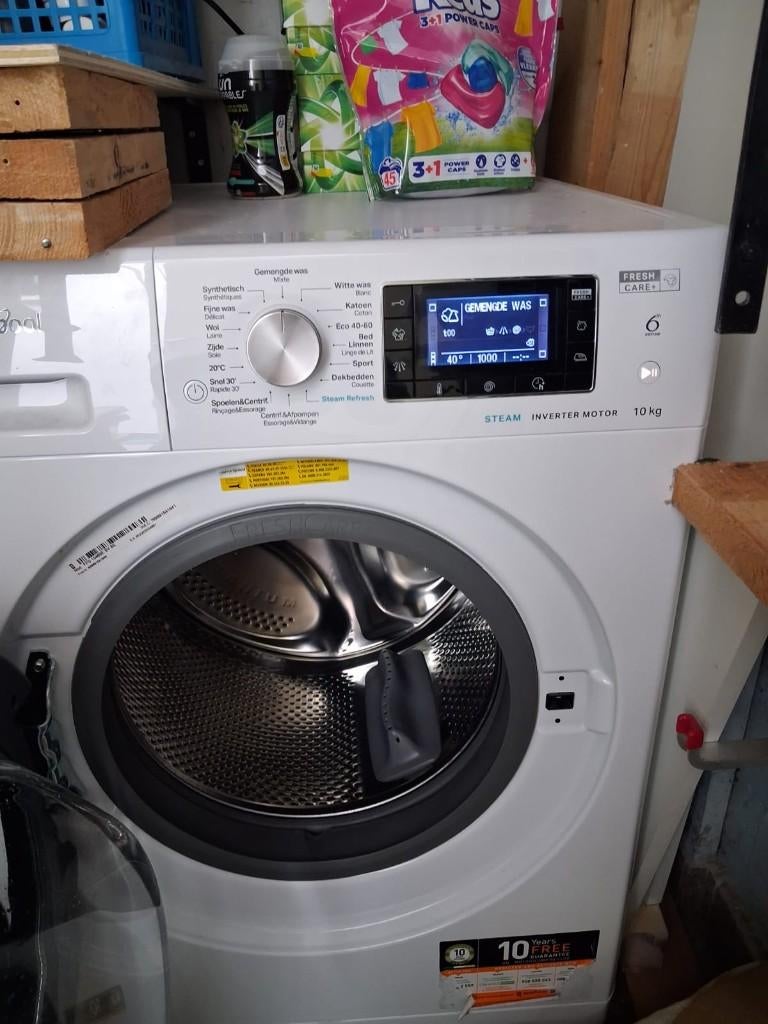 Whirlpool wasmachine 3 jaar oud, steam, inverter motor, 10kg, Ophalen, 1200 tot 1600 toeren, 8 tot 10 kg, Zo goed als nieuw