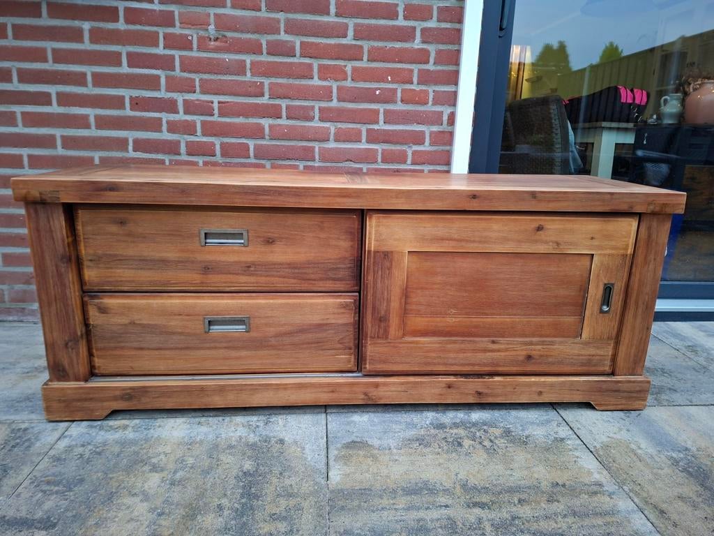 TV meubel met 2 lades en schuifdeur - 150x57x45 cm, Gebruikt, 100 tot 150 cm, Ophalen of Verzenden, Minder dan 100 cm