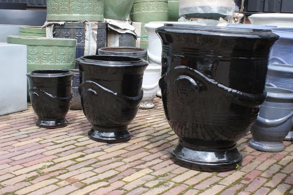 Prachtige zwarte geglazuurde bloempotten Anduze stijl, Ophalen, 40 cm of meer, Rond, Nieuw
