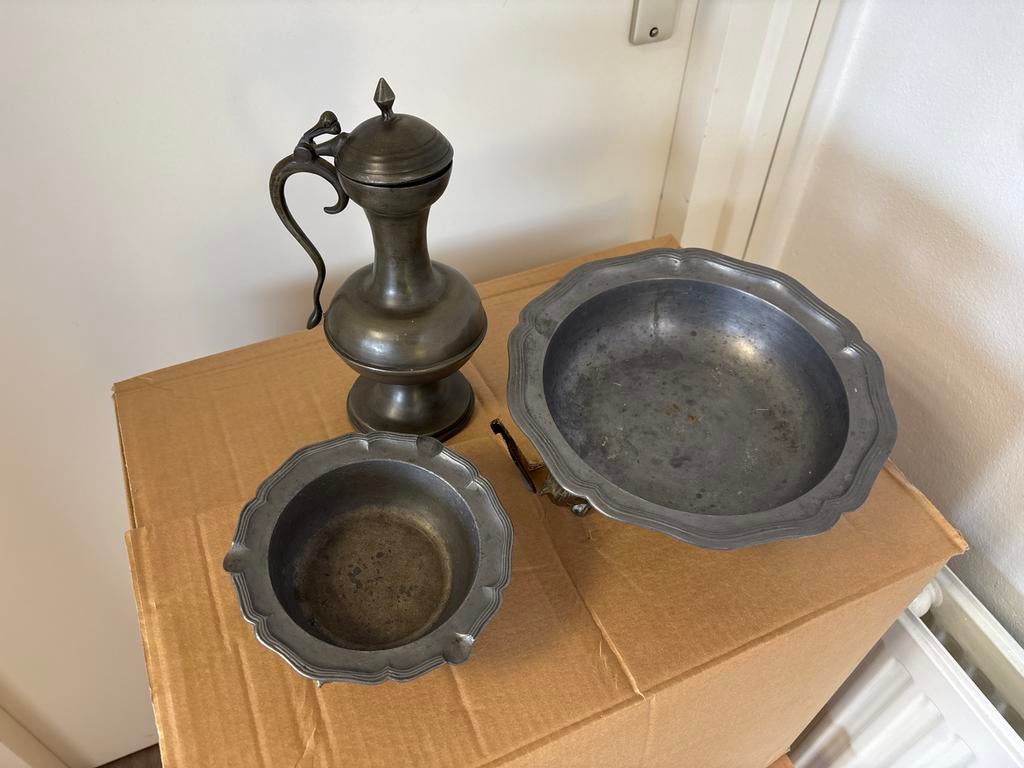 Tinnen kan, schaal en asbak, Antiek en Kunst, Ophalen of Verzenden