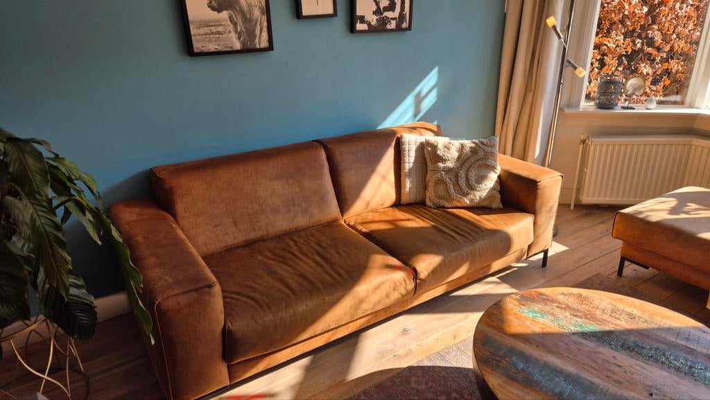 Complete woonkamerinrichting: bank, hocker en fauteuil, Ophalen, Gebruikt, Hoekbank, Stof