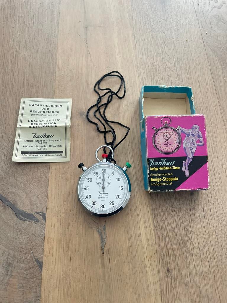 Vintage Hanhart Amigo Stopwatch 55 mm Sportchronograaf ‘ 70, Antiek en Kunst, Antiek | Klokken, Ophalen of Verzenden