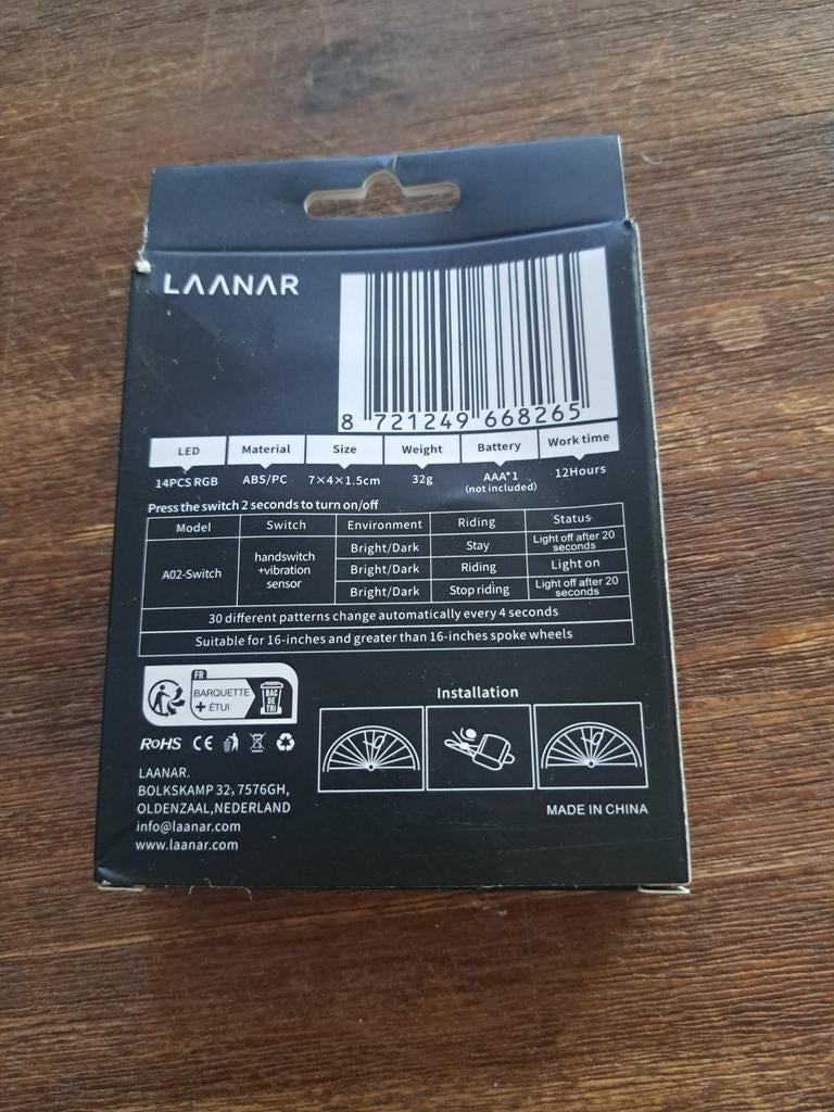 LAANAR Fiets Spaakverlichting - RGB LED Wielverlichting, Ophalen of Verzenden, Nieuw, Batterij, Verlichtingsset