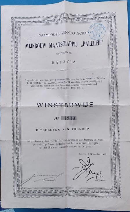 N.V. Mijnbouw Maatschappij PALELEH Winstbewijs 1239 - 1905, Postzegels en Munten, Aandelen en Waardepapieren, Verzenden, Voor 1920