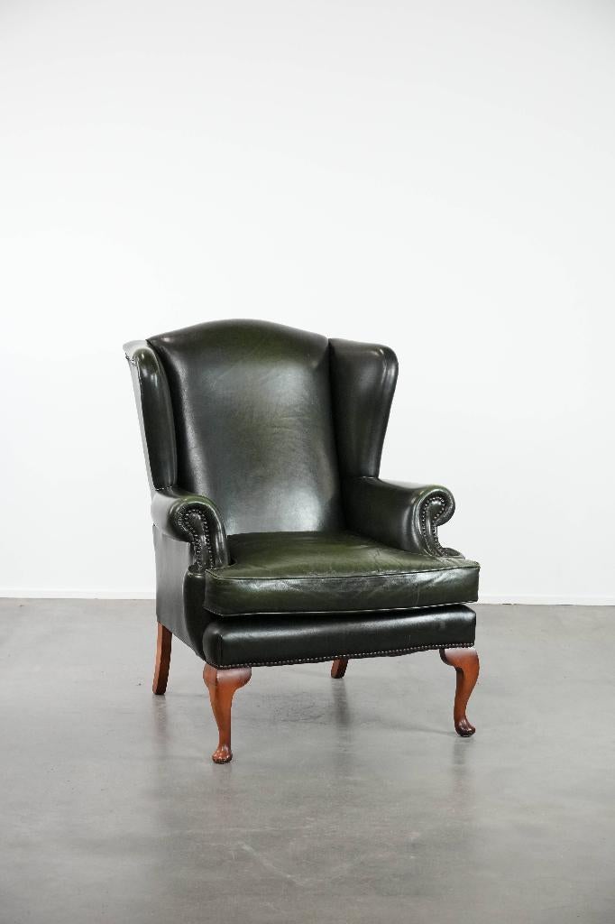 Gladde klassieke rundleren chesterfield oorfauteuil, Huis en Inrichting, Fauteuils, Ophalen, Gebruikt, ., Engels, Klassiek