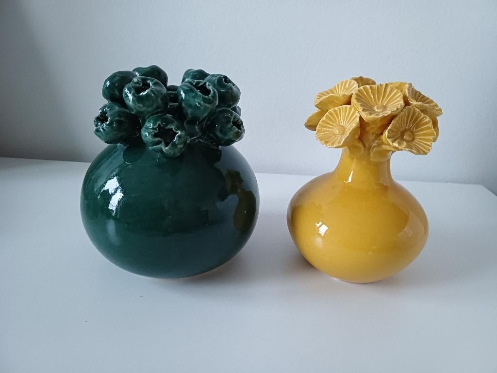 Villa Pottery Kiekie D Green vaasje en Kieki Yello vaasje, Overige kleuren, Ophalen of Verzenden, Minder dan 50 cm, Glas