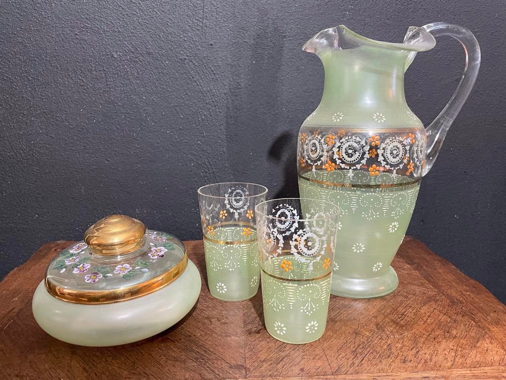 Art Nouveau glazen set: karaf, 2 glazen en bonbonnière, Antiek en Kunst, Ophalen of Verzenden