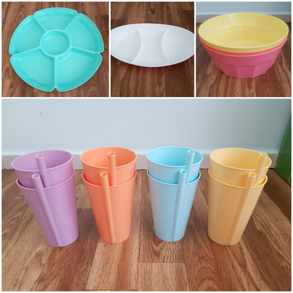 pick nick set plastic borden bekers met rietje snackbak, Huis en Inrichting, Ophalen of Verzenden, Nieuw, Blauw, Overige typen