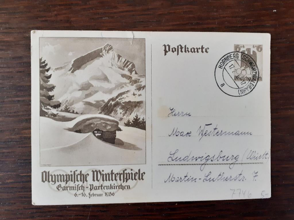 2 gelopen Duitse briefkaarten Olympische Spelen 1936, Verzenden, Overige periodes, Gestempeld