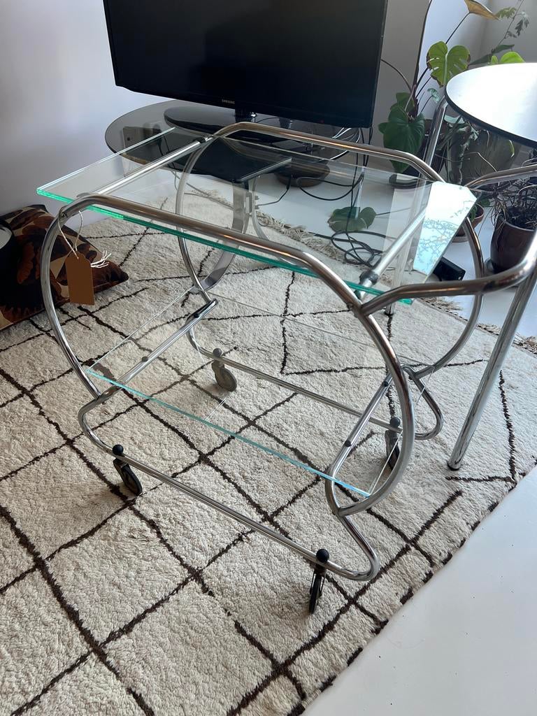 Vintage art deco buisframe trolley Gispen, Huis en Inrichting, Tafels | Bijzettafels, Gebruikt, Ophalen of Verzenden, Glas, 75 cm of meer