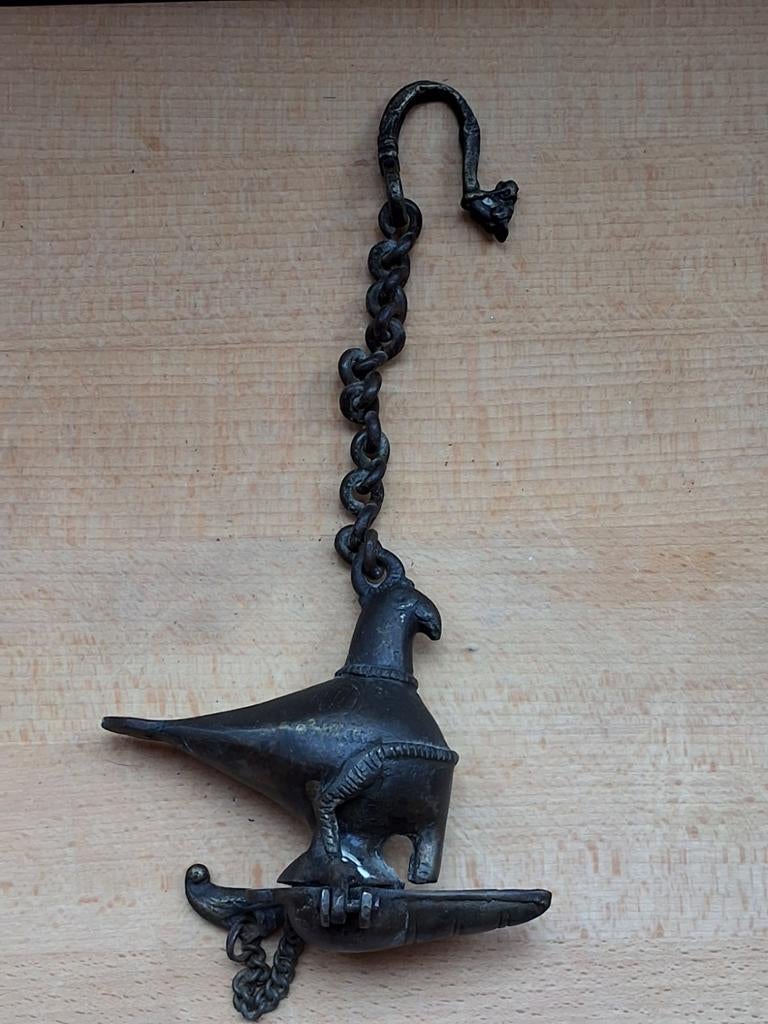 Antiet bronzen olielamp vogel tibel, Antiek en Kunst, Ophalen of Verzenden