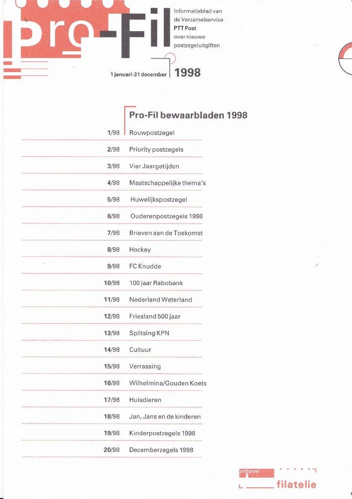 Pro-Fil bladen – jaargang 1998 – 21 bladen, Postzegels en Munten, Postzegels | Nederland, Verzenden, Na 1940, Gestempeld