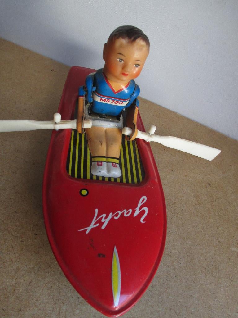 Blik Speelgoed Roeiboot~+ sleutel~Roeier~Blikken boot, Antiek en Kunst, Antiek | Speelgoed, Ophalen of Verzenden