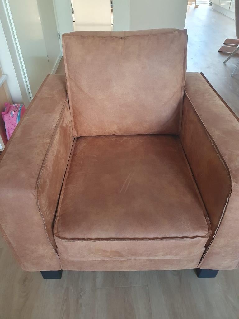 Cognac microleder fauteuil / stoel - 90x90cm, Huis en Inrichting, Fauteuils, Zo goed als nieuw, Overige materialen, 75 tot 100 cm