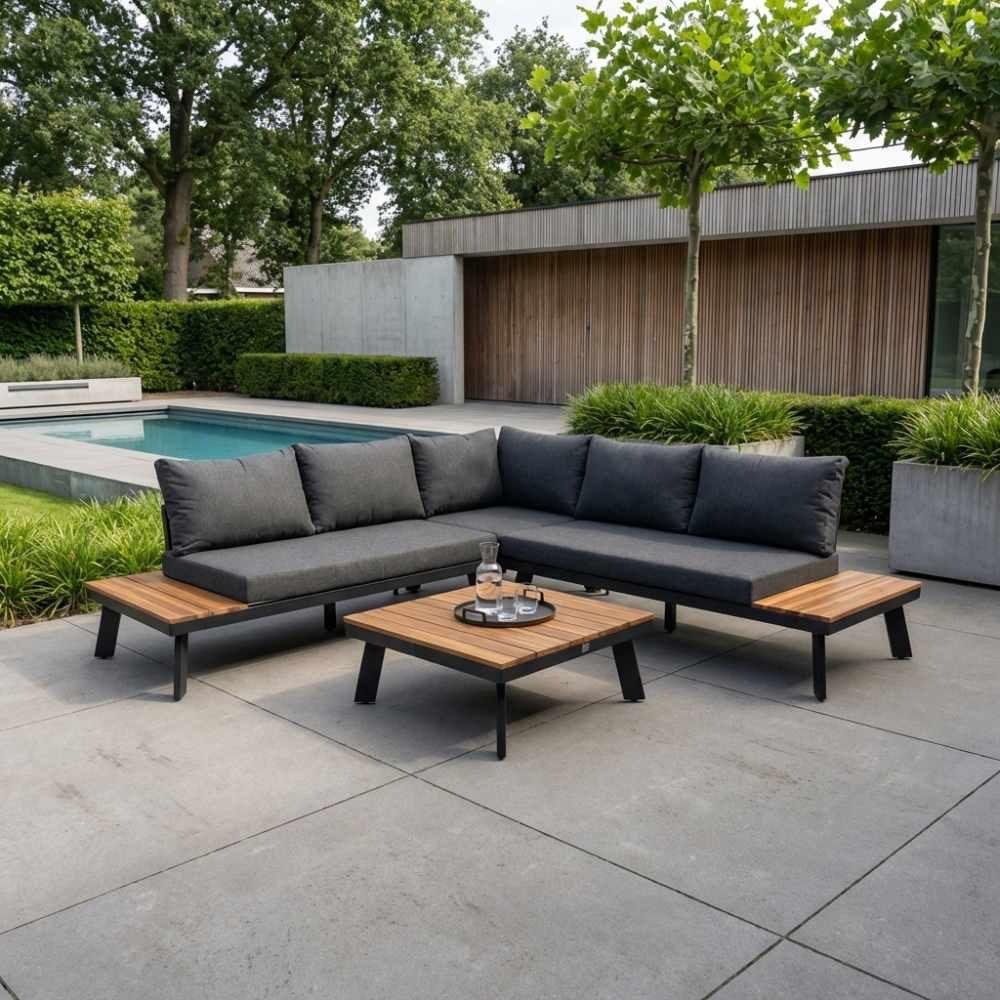 New York hoek loungeset | aluminium + hardhout | 248x248cm, Ophalen, 5 zitplaatsen, Hardhout, Bank