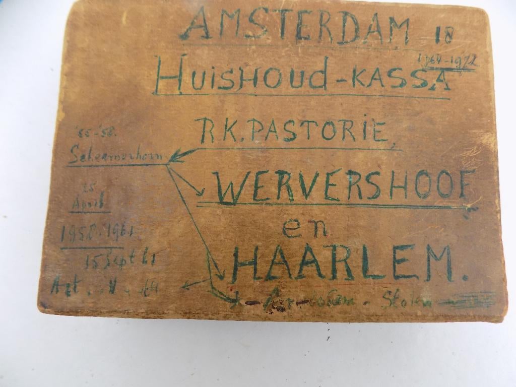 Kartonnen geldkistje Rooms Katholieke pastorie brocante, Verzamelen, Ophalen of Verzenden, Gebruikt