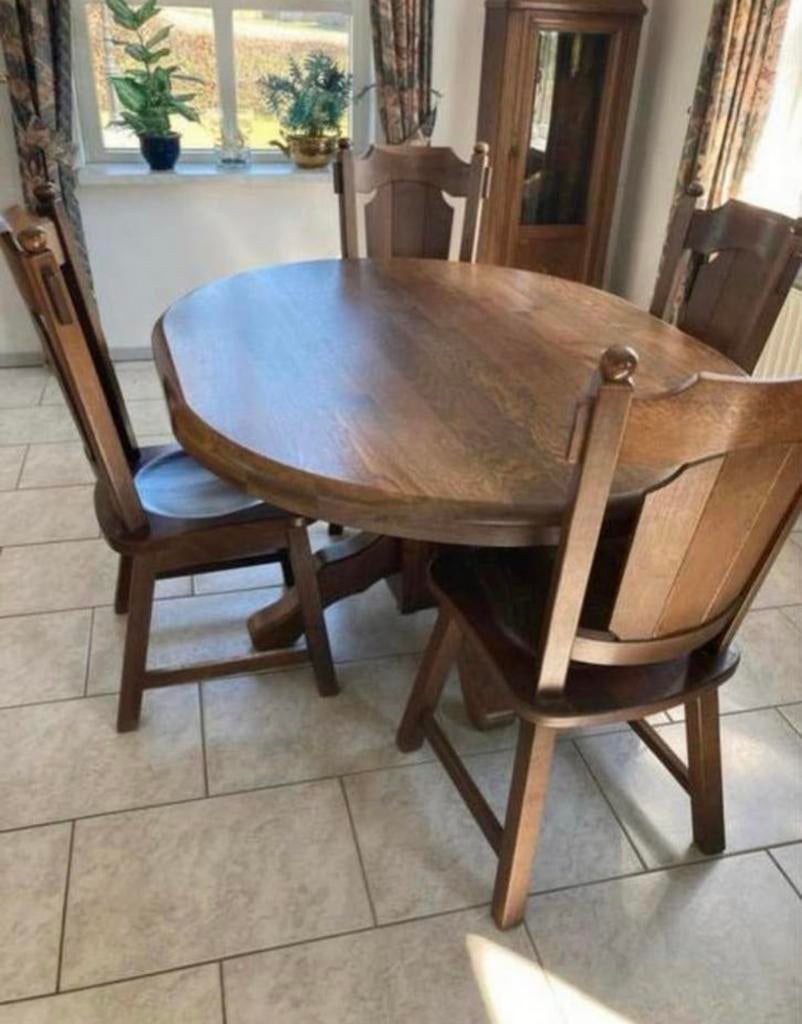 Eiken eettafel met stoelen, Ophalen of Verzenden, Zo goed als nieuw, 4 tot 6 stoelen