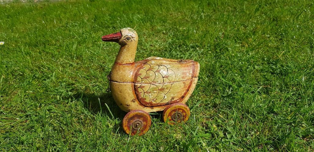 Oude houten eend op wielen Brocante decoratie hout, Antiek en Kunst, Curiosa en Brocante, Ophalen of Verzenden