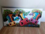 Vrolijk schilderij met drie kleurrijke koeien, Ophalen
