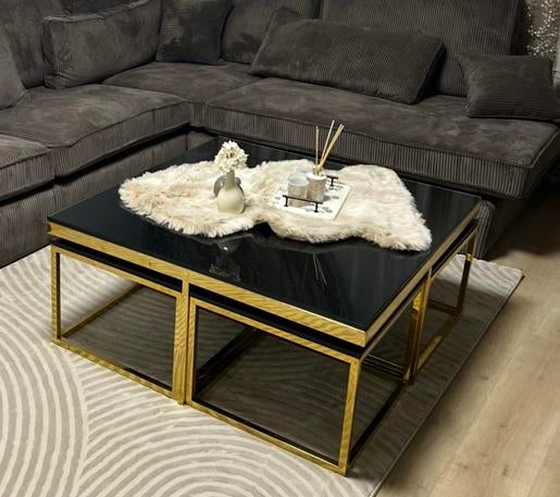 Glazen salontafel 5 Delig | Zwart/Goud, Huis en Inrichting, Tafels | Salontafels, Ophalen, 100 tot 150 cm, Vierkant, 50 tot 100 cm