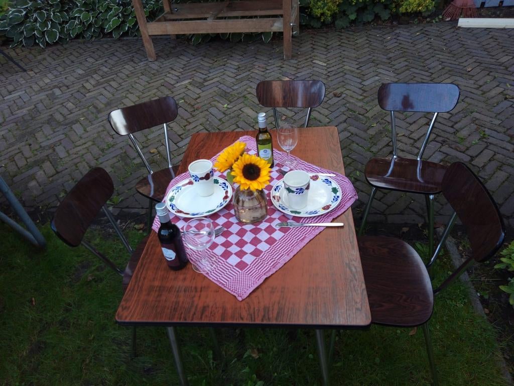 Brabantia tafel met vijf stoelen,  retro, Huis en Inrichting, Tafels | Eettafels, Ophalen, Gebruikt, 200 cm of meer, 50 tot 100 cm