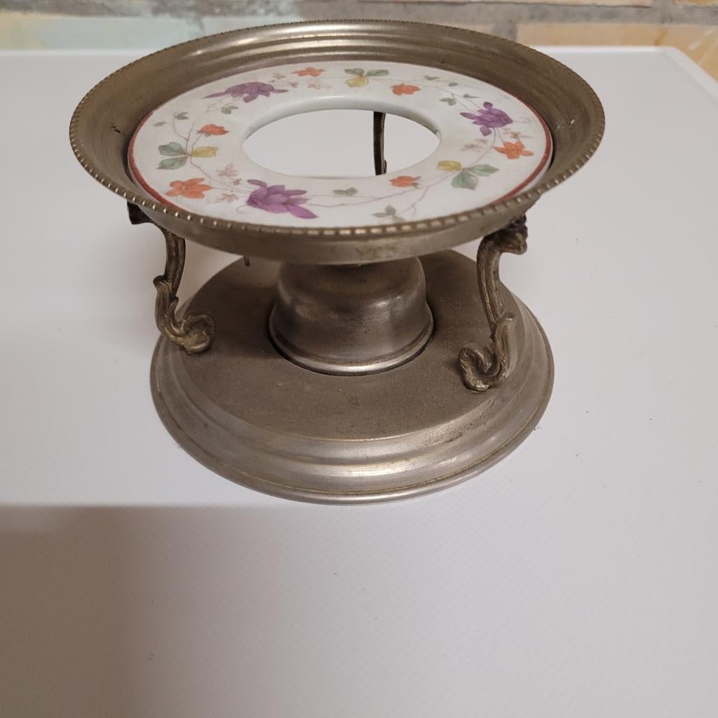 Antiek tinnen theelicht met porseleinen inzet, Antiek en Kunst, Ophalen of Verzenden