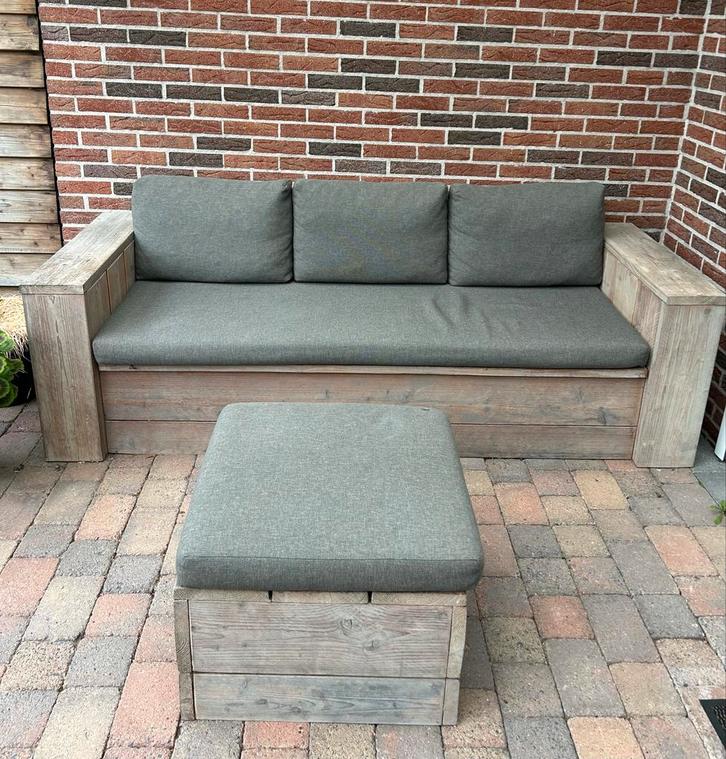 Steigerhouten Bank met Hocker/Tafeltje, Tuin en Terras, Tuinbanken, Gebruikt, Hout, Ophalen