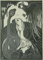 ART DECO Jan Schonk (1889 - 1976) Houtsnede 'Papegaai, slang, Ophalen of Verzenden