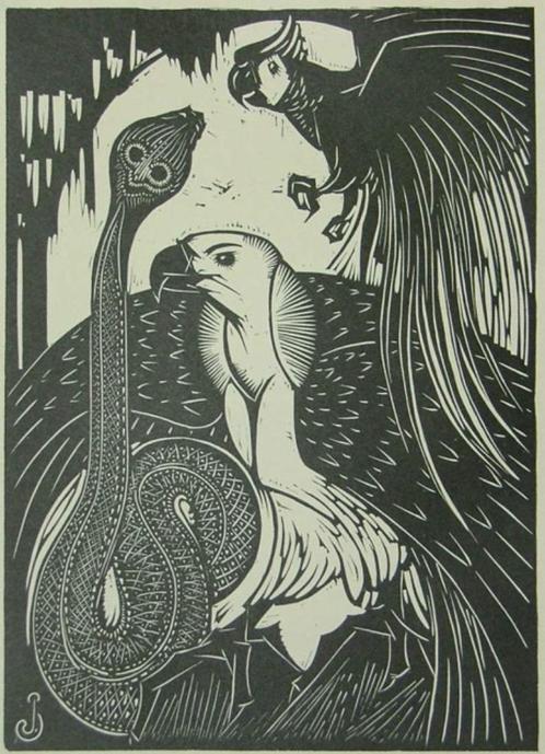 ART DECO Jan Schonk (1889 - 1976) Houtsnede 'Papegaai, slang, Antiek en Kunst, Kunst | Etsen en Gravures, Ophalen of Verzenden