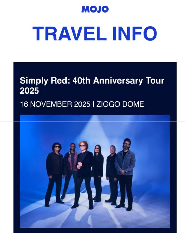 2x 40th Anniversary Simply Red Ziggo dome kaartjes VAK 212, Tickets en Kaartjes, Concerten | Pop, Twee personen, November