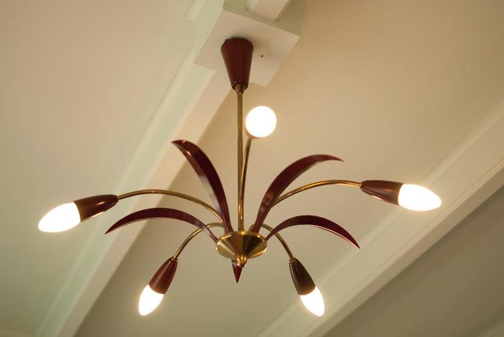 Vintage messing spider, sputnik kroonluchter - lamp, retro, Huis en Inrichting, Lampen | Kroonluchters, Gebruikt, Kunststof, Metaal