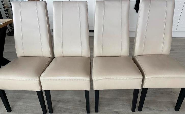 4 Roomwitte kalfsleren eetkamerstoelen, Huis en Inrichting, Stoelen, Gebruikt, Vier, Leer, Overige kleuren, Ophalen