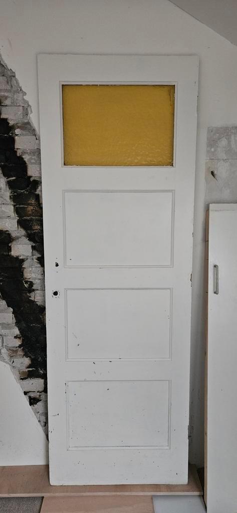Oude Bruynzeel deur (1926) met geel glas, Doe-het-zelf en Verbouw, Deuren en Horren, Gebruikt, Binnendeur, 200 tot 215 cm, Minder dan 80 cm