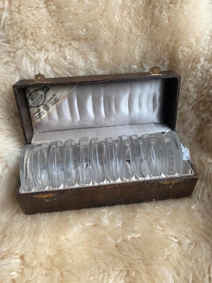 Vintage glazen onderzetters in originele doos, Antiek en Kunst, Antiek | Glas en Kristal, Ophalen of Verzenden