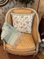 Antieke Franse fauteuil, gele stof, landelijke stoel, Ophalen
