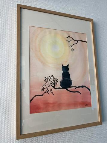 Aquarel Schilderij “Mijmerende Poes” in lijst (53 x 73 cm)