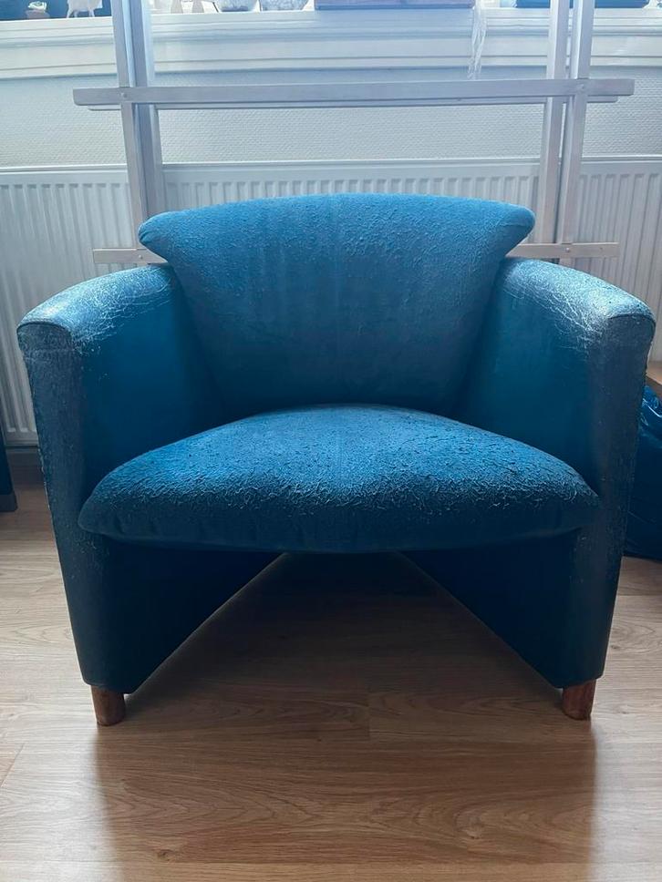 Blauwe fauteuil, leer, merk Leolux, Huis en Inrichting, Fauteuils, Gebruikt, Leer, Stof, 75 tot 100 cm, Ophalen