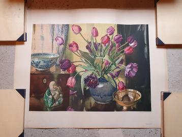 Oude prent van tulpen en boeddha en Chinees porselein beschikbaar voor biedingen