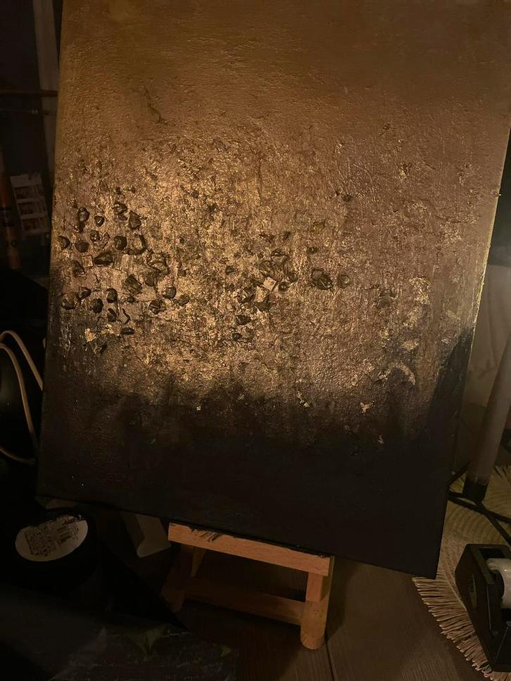 Groot Goud Zwart Schilderij met Stenen en bladgoud glitter, Antiek en Kunst, Kunst | Schilderijen | Abstract, Ophalen of Verzenden