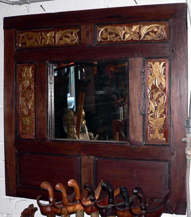 Antieke spiegel houtsnijwerk Java kunst JS1 Indonesie hout, Antiek en Kunst, Kunst | Niet-Westerse kunst, Ophalen of Verzenden