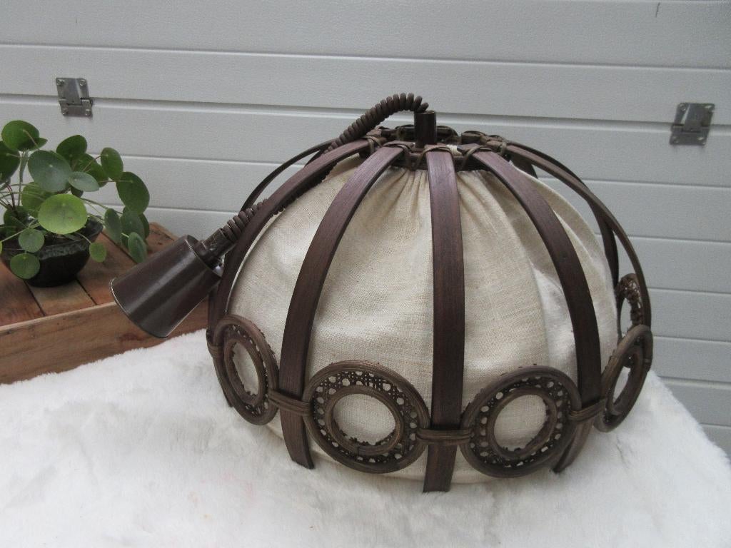 grote vintage hanglamp van manou - rotan en stof trekpendel, Ophalen, Gebruikt, Overige materialen, Minder dan 50 cm