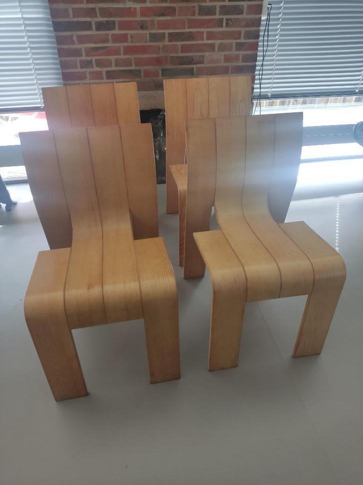 Gijs Bakker stripstoelen, Huis en Inrichting, Stoelen, Gebruikt, Vier, Hout, Overige kleuren, Ophalen of Verzenden
