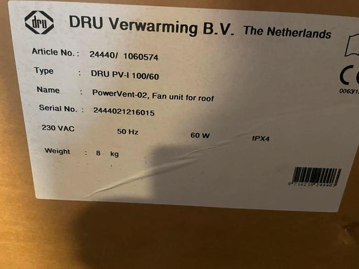 DRU PowerVent-02 Dakventilator Nieuw in Doos, Doe-het-zelf en Verbouw, Ventilatie en Afzuiging, Nieuw, Ventilator en Afzuiger