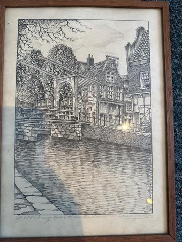 Authentieke ingelijste pentekening – Groenburgwal, Amsterdam beschikbaar voor biedingen