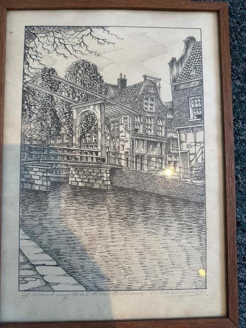 Authentieke ingelijste pentekening – Groenburgwal, Amsterdam, Antiek en Kunst, Kunst | Tekeningen en Foto's, Ophalen of Verzenden