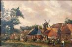 HENK LEURS OLIEVERFSCHILDERIJ Dorpsgezicht Molen landschap, Antiek en Kunst, Ophalen of Verzenden
