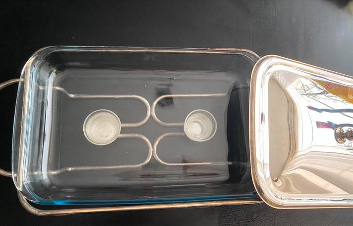 Verzilverde Rechaud met Glazen Ovenschaal - Kerstbuffet, Antiek en Kunst, Antiek | Schalen, Ophalen