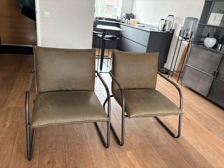 Xooon legergroene fauteuils, Huis en Inrichting, Stoelen, Zo goed als nieuw, Twee, Leer, Metaal, Overige kleuren, Ophalen