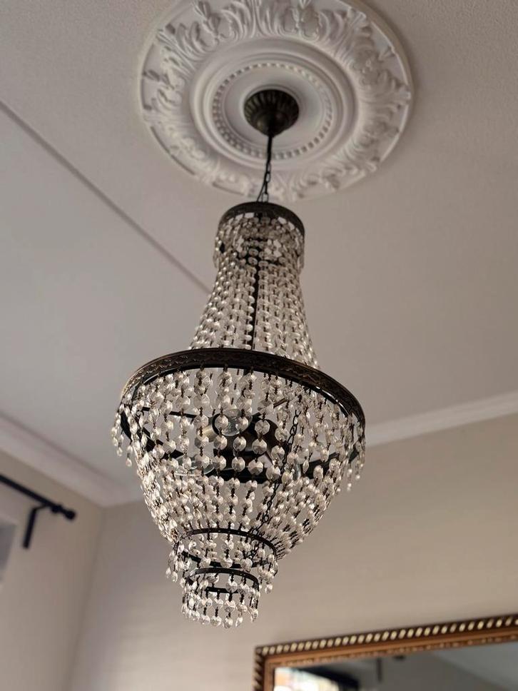 Antieke Kristallen Kroonluchters (set van 2), Huis en Inrichting, Lampen | Kroonluchters, Gebruikt, Glas, Metaal, Ophalen