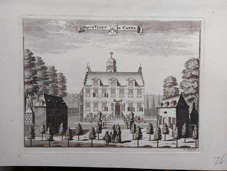 U025 / Huis te Vliet Kopergravure uit ca 1740 Jan van Vianen, Antiek en Kunst, Kunst | Etsen en Gravures, Ophalen of Verzenden